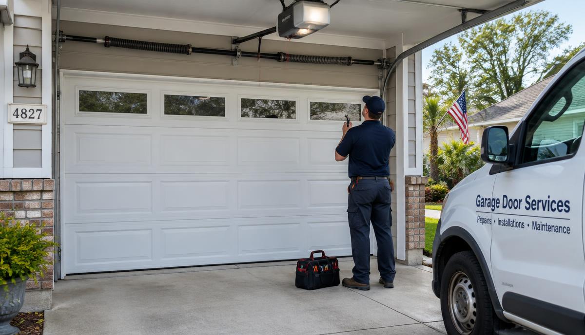 Technician inspecting a garage door that won’t open in Fort Mill, SC